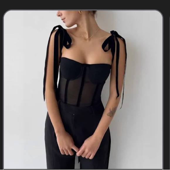 Commense Tops - Commense Black Sheer Corset-Style Camisole with Tie Straps